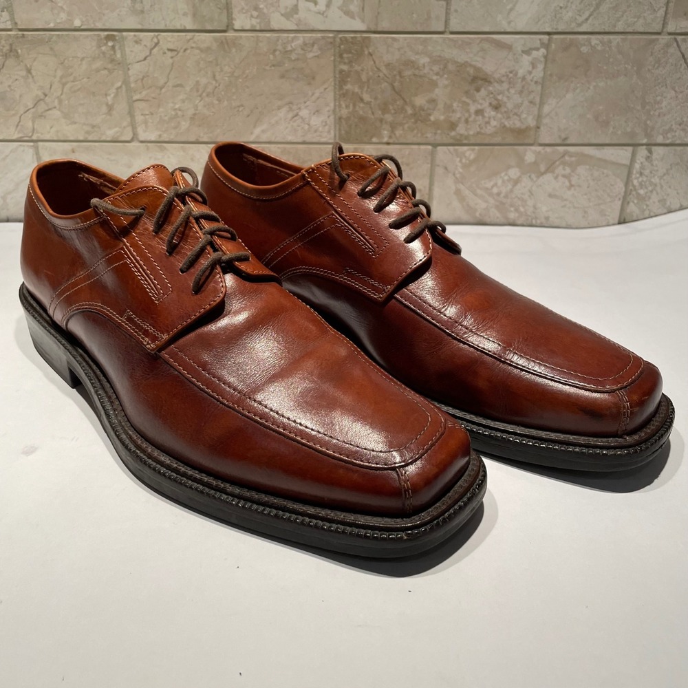 Johnston & Murphy Mens Tan Brown Leather Bicycle Toe Derby Dress Shoes 8 M Italy